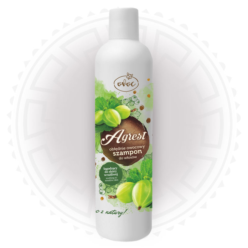 Opakowanie łagodzącego szamponu do wrażliwej skóry głowy z ekstraktem z owoców agrestu OVOC